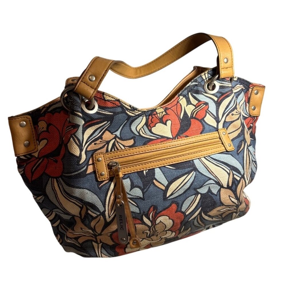 Relic Floral Canvas & Faux Leather Tote Shoulder Bag PursePolka Dot Lining